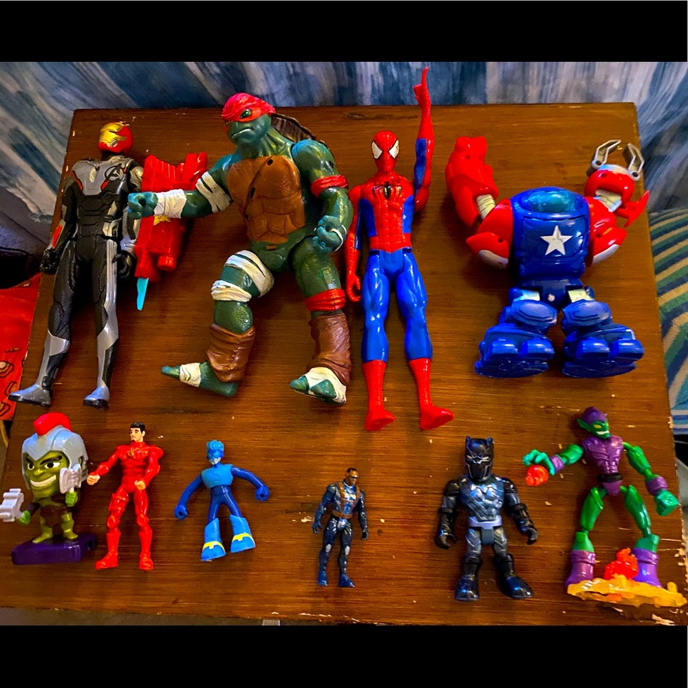 Superheroes/Marvel toys, Spider-Man, Ironman, Teenage mutant ninja, Green Goblin